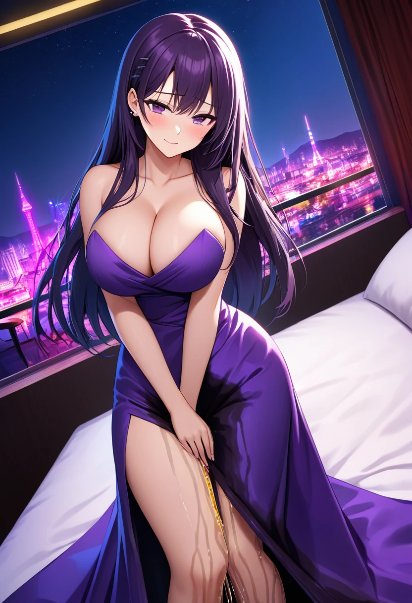 woman, very dark purple hair, purple eyes, long hair, large breasts, very long dress, very tight dress, standing, (wetting herself:1.5), best quality, ultra-detailed, HDR, studio lighting, professional, vivid colors, sharp focus, bokeh, landscape, love hotel, bed, night, window, cityscape, colorful city, neon lights, futuristic, science fiction, soft lighting, dynamic shadows, embarrassed, humiliation, blushing, naughty face, seductive expression, facing viewer