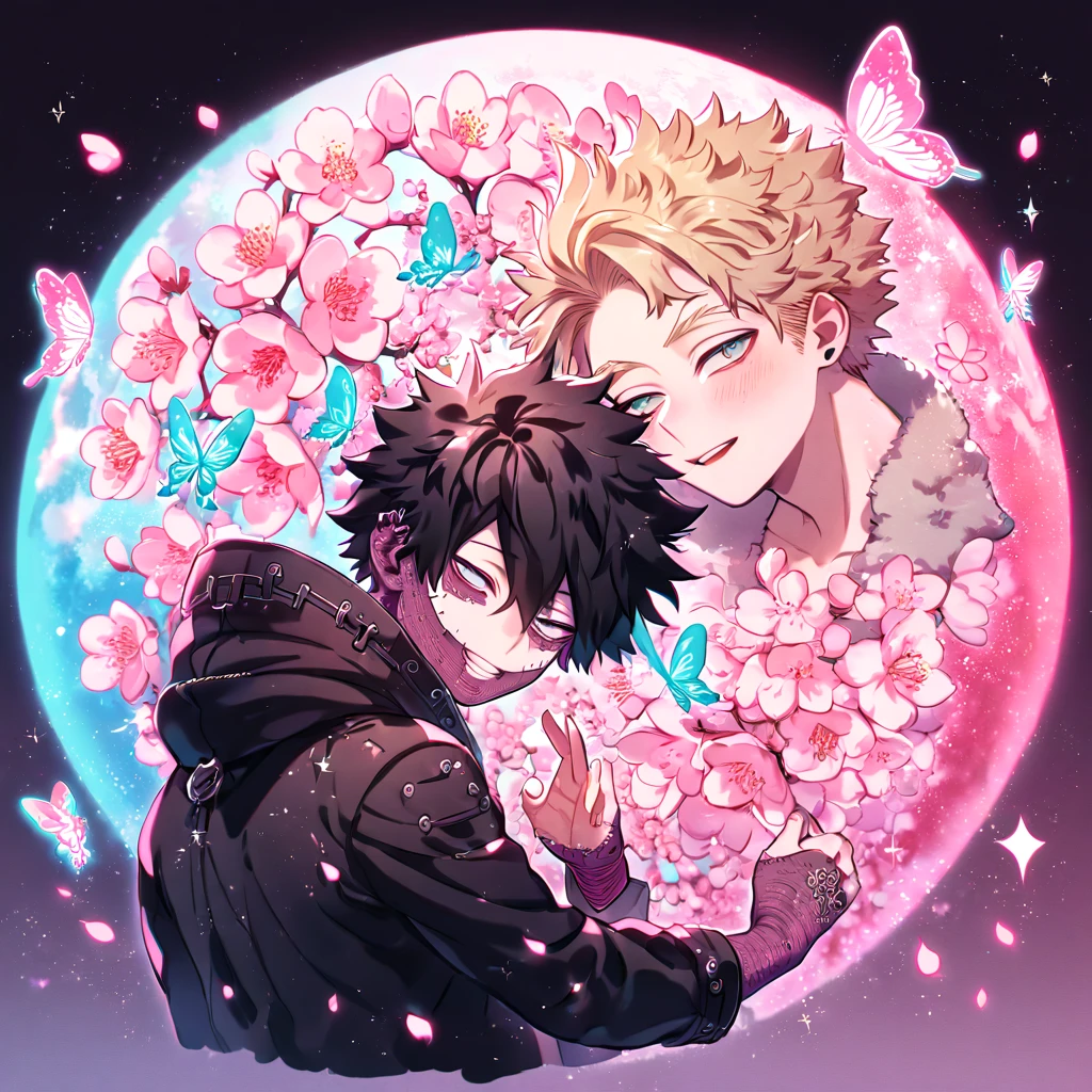 absurdres, highres, ultra detailed, HDR, master piece, best quality, extremely detailed, Hawks, ash-blonde hair, expressive golden-brown eyes, Boku No Hero Academia, Dabi, black hair, expressive turquoise eyes, two sexy men together, yaoi, gay coupe, handsome, sensual, brown coat with fur collar, black coat, magical, sparkling, pink glittering fireflies, pink ice, pink ice butterflies, pink ice petals, pink ice cherry blossoms, pink crystal, pink flowers, pink moon