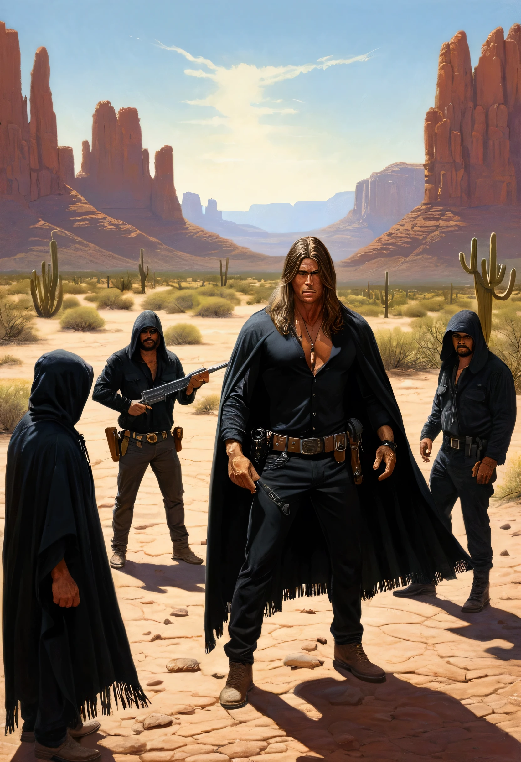 Muscular gunman with an attractive face, long hair, dressed in a black poncho and black pants, confronts three gunmen in the middle of the Arizona desert. Frank Frazzeta art