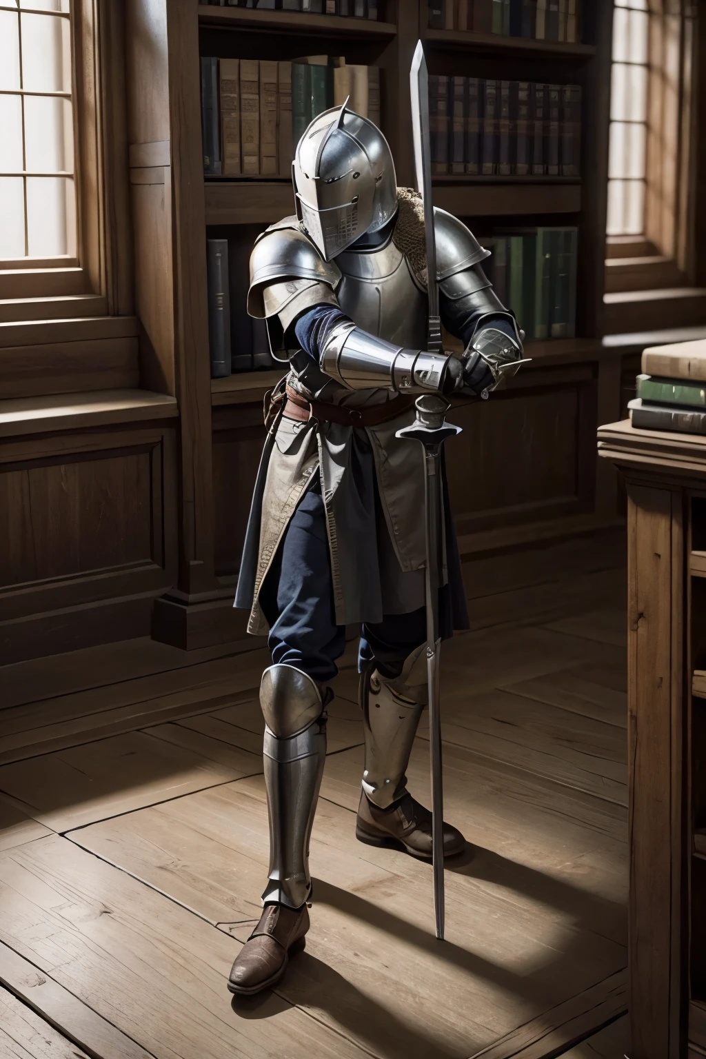 Knight sticking his sword into the floor of a library with medieval photo style