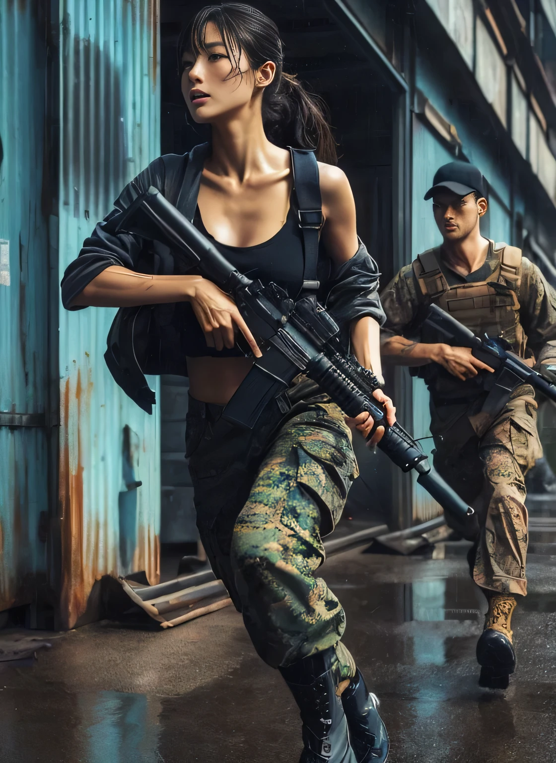 (Meilleure qualité,8k,Photoréaliste:1.37),texture de peau réaliste, belle marine japonaise, viser avec un fusil d’assaut, ancien quartier d&#39;entrepôts près du port, t-shirt vert, Casquette, cheveux tressés, pantalon militaire, bottes, pose dynamique, courir le long du mur de l&#39;entrepôt, fusillade, assaut audacieux, tatouages, Se mouiller sous la pluie, orage, corps tonique, muscles, colère, Composition audacieuse