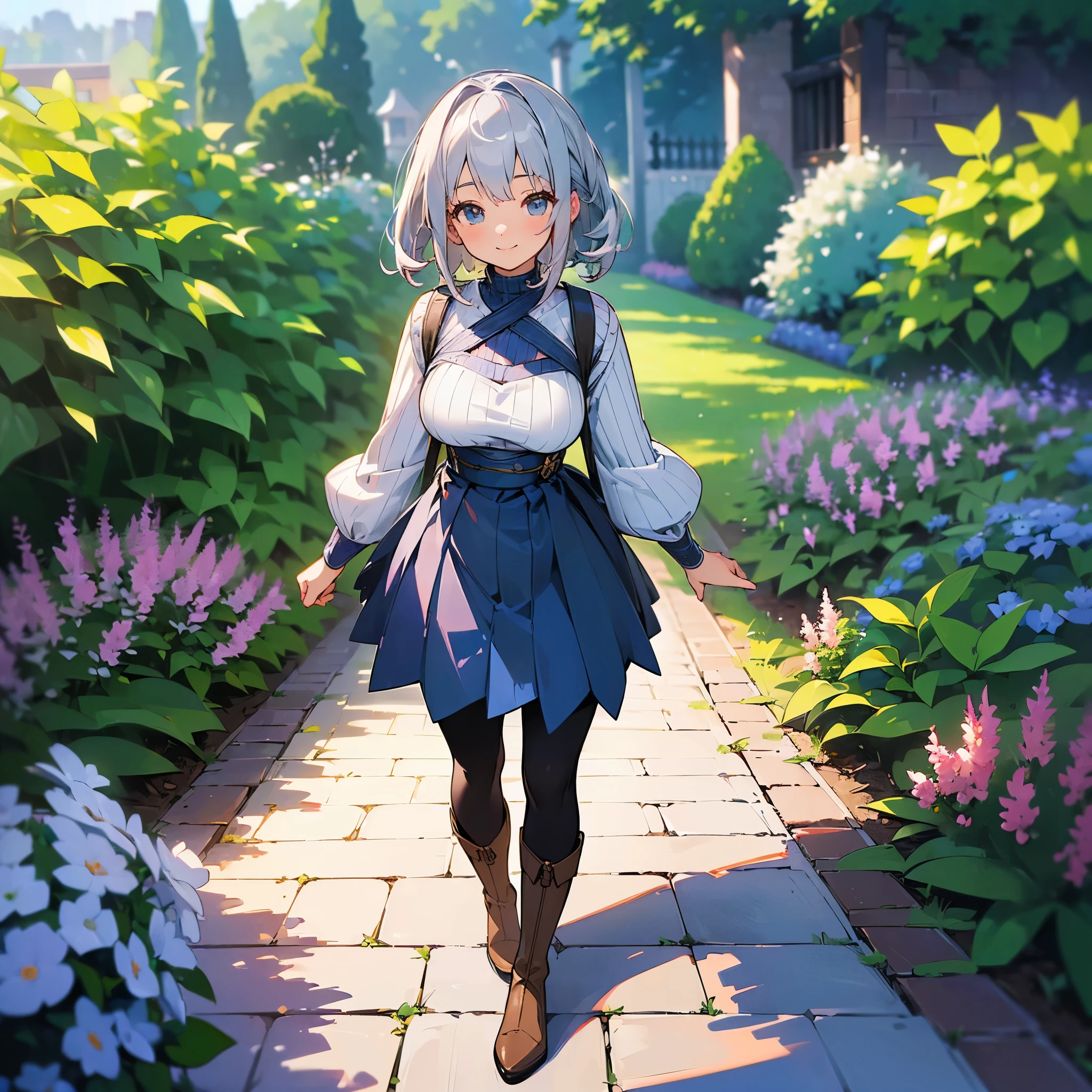 (high quality, High resolution, Very detailed, reality:1.37), Peaceful atmosphere, (Outdoor, garden), Teenage girl standing alone, (my breasts are big.), Beautiful details, Cute Smile, (Silver Hair Bob Hair), Ribbed sweater, Blue Skirt, Black tights, Brown boots.