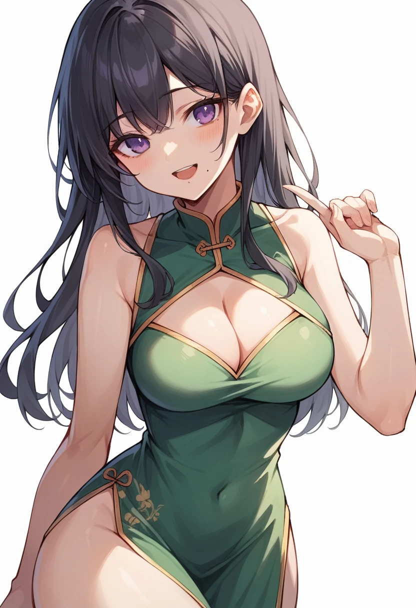 1girl, solo, long hair, breasts, looking at viewer, blush, smile, open mouth, bangs, simple background, black hair, white background, dress, cleavage, bare shoulders, medium breasts, standing, purple eyes, thighs, sleeveless, hand up, mole, bare arms, clothing cutout, sleeveless dress, chinese clothes, cleavage cutout, china dress, mole under mouth, finger to mouth, side slit, green dress