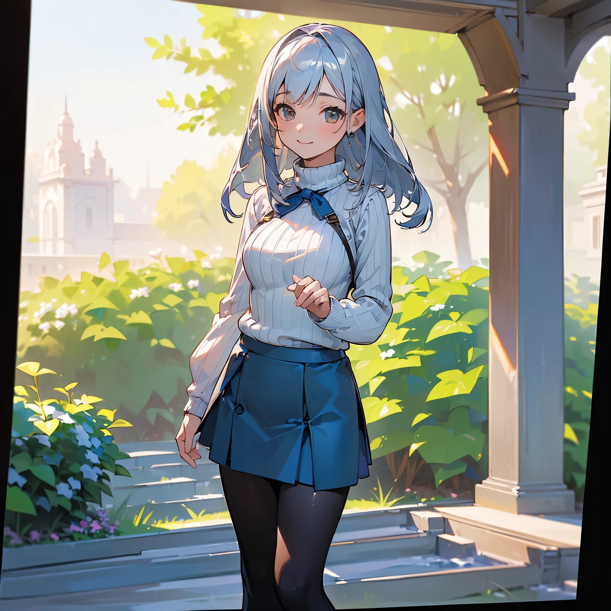 (high quality, High resolution, Very detailed, reality:1.37), Peaceful atmosphere, (Outdoor, garden), Teenage girl standing alone, (my breasts are big.), Beautiful details, Cute Smile, (Silver Hair Bob Hair), Ribbed sweater, Blue Skirt, Black tights, Brown boots.