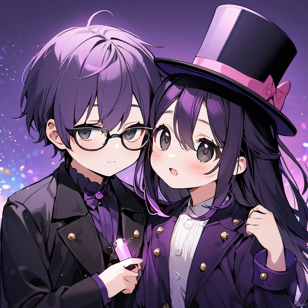 Create a 10 year old, with dark purple hair with lighter tips, messy, big and tender black eyes, with light circles under his eyes and married, who wears a small open dark purple trench coat with black buttons, a dark purple top hat, some small glasses, the hat having a pink bow