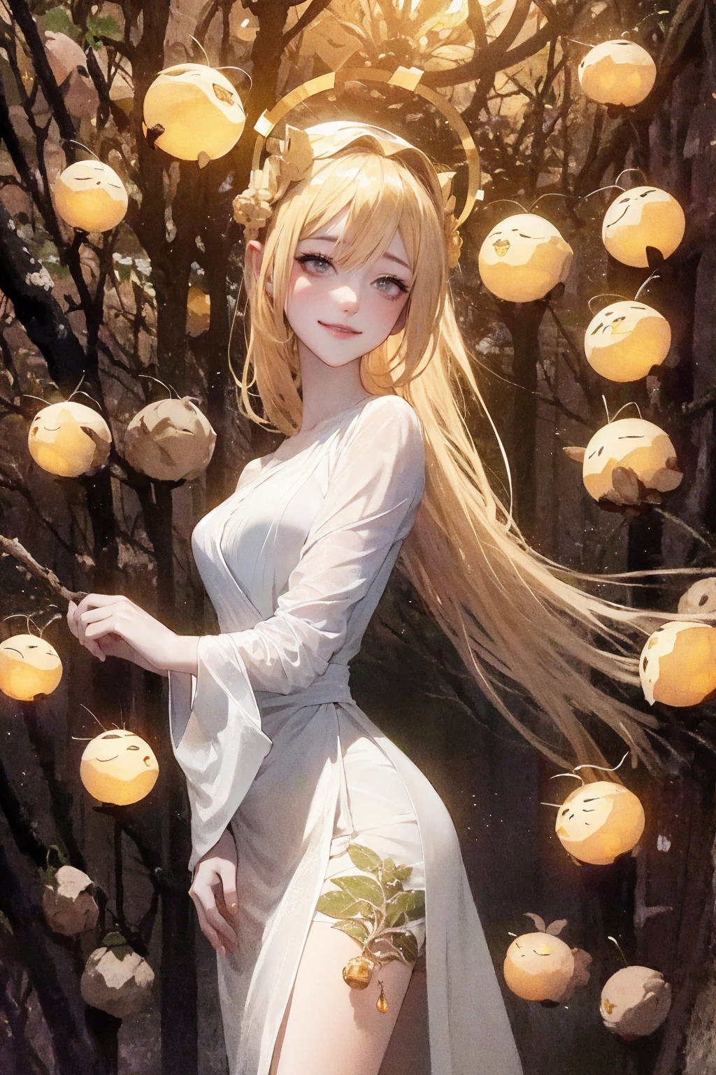 1 girl, ,,Simple smile, High-definition images, A woman, Her hair is decorated with glowing fireflies, There is a charming light in the eyes. Wearing a robe woven from moonlight, She stood in a mysterious forest，The trees come alive. on site, Bathed in the ethereal light of fireflies, Captured in an enchanted forest art style., (masterpiece, best quality, Official Art,Intricate details:1.2)