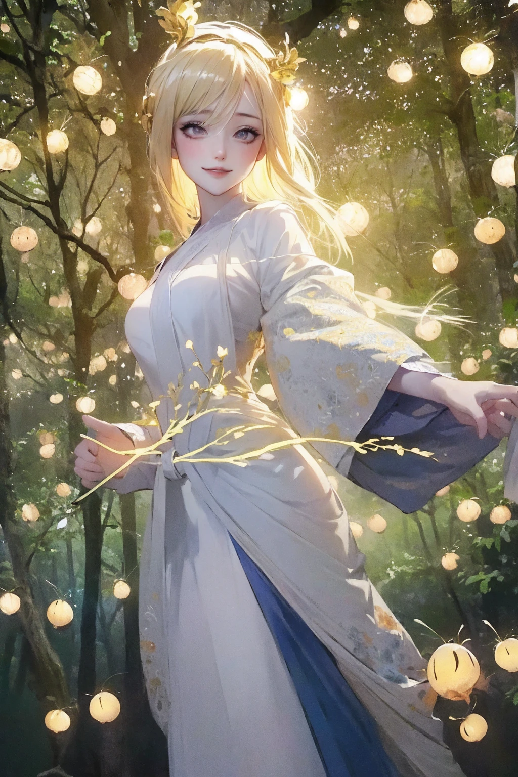 1 girl, ,,Simple smile, High-definition images, A woman, Her hair is decorated with glowing fireflies, There is a charming light in the eyes. Wearing a robe woven from moonlight, She stood in a mysterious forest,The trees come alive. on site, Bathed in the ethereal light of fireflies, Captured in an enchanted forest art style., (masterpiece, best quality, Official Art,Intricate details:1.2)