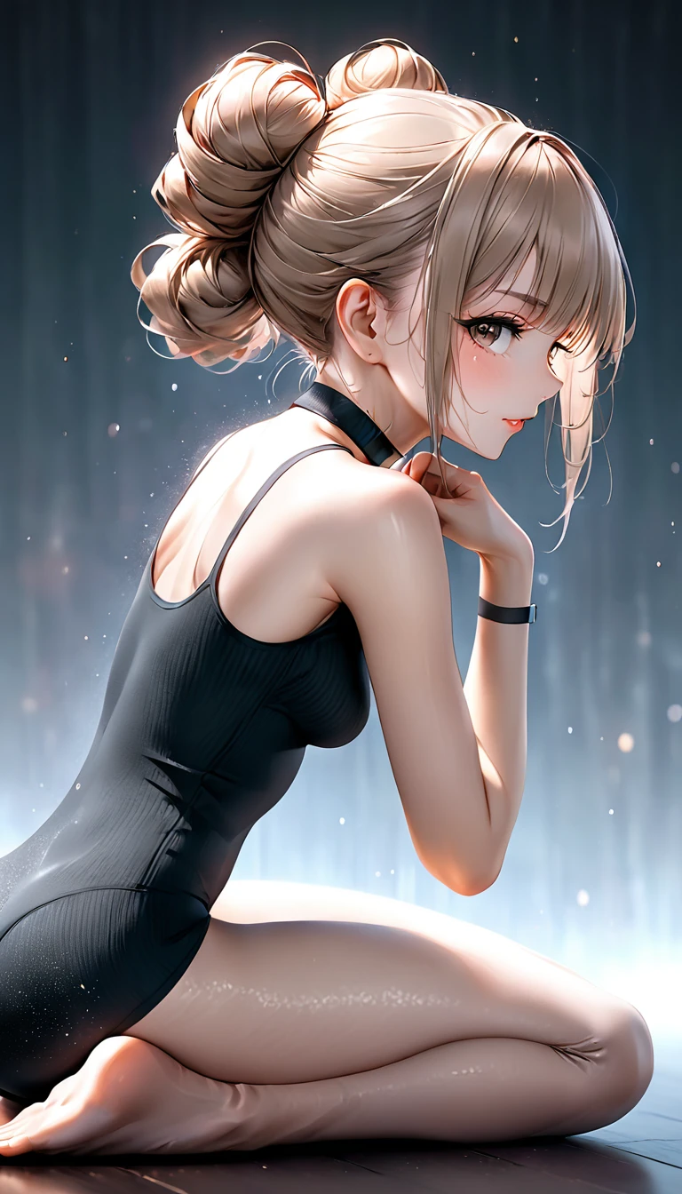 from side, beautiful woman, yoga exercises, yoga butt thrust pose, cool and sadistic, amorous and lewd face, make-up, light brown messy single hair bun, great slender proportion, wearing knit tight fit yoga uniform, choker, (ultra detailed, absolutely resolution, best quality:1.3), 2.5D, delicate and dynamic, hyper realistic, artistic photography, graphic CG digital art, shading effects, gradation magic effects, glitter effects, sunlight effects, foggy filter effects, background yoga studio