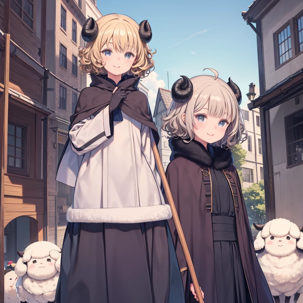 One Girl、smali、With a black dog、Holding a walking stick、Dull blonde hair、short hair、Fluffy hair、Natural curls、Curly Hair、blue sky、street、Brown cape、Dirty Robe、Long skirt、Flock of sheep、smile、