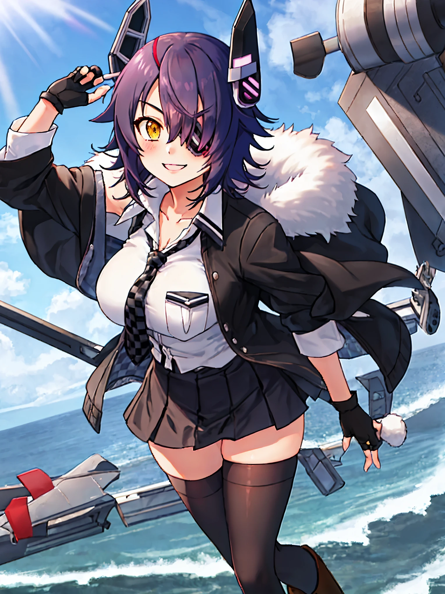 best quality, masterpiece, solo, {tenryuu_kantaicollection:1.}, teirl, eyepatch, short_hair, purple_hair, yellow_eyes, headgear, breasts, necktie, large_breasts, smile, 1girl, blush, checkered_necktie, hair_over_one_eye, shirt, collared_shirt, white_shirt, jacket, sleeveless, brown_eyes, fur-trimmed_jacket, fur_trim, collarbone, looking_at_viewer, pocket, breast_pocket, ,, messy_hair, black_gloves, gloves, partially_fingerless_gloves,harbor_road_landscape_background,outdoor,short_skirt,thigh-highs,boots,sunlight,from_below,solo