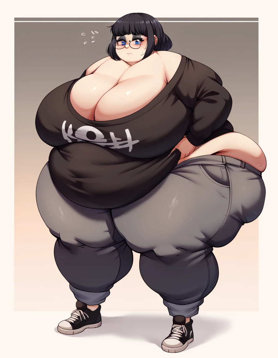 Score_9, score_8_up, score_7_up, score_6_up, tall woman, a goth woman, a tall and curvy figure, highres, and a hyper massive voluptuous body. She has large thick fat breasts, (gigantic breasts,  1.5), she has thick breasts, an extremely thick giant fat enormous sexy huge humongous gigantic ass, thick figure. The woman has cute short dark black hair, detailed eyes, blue eyes, and is wearing cute glasses. She has a seductive expression, embarrassed expression. The woman is wearing a large black sweater and gray leggings, wearing black makeup, (black eye shadow). She is in her bedroom, stuck in thr doorframe, trying to hide her belly with her sweater, extremely wide hips, sweating, blushing, and gaining weight, with a sexy fat body. ((obese, fat, excess fat)), (morbidly obese body:1.5) (fat neck and chin), xxxxl size belly. (Very large thighs) (((Colossal thighs, massive thighs, very large thighs))), full body, masterpiece, (NSFW), (exaggerated proportions), (hentai), (perfect anatomy), ((detailed manga illustration)),HDR,UHD,studio lighting,ultra-fine painting,sharp focus,physically-based rendering,extreme detail description,professional,vivid colors,bokeh,portraits,goth, fantasy