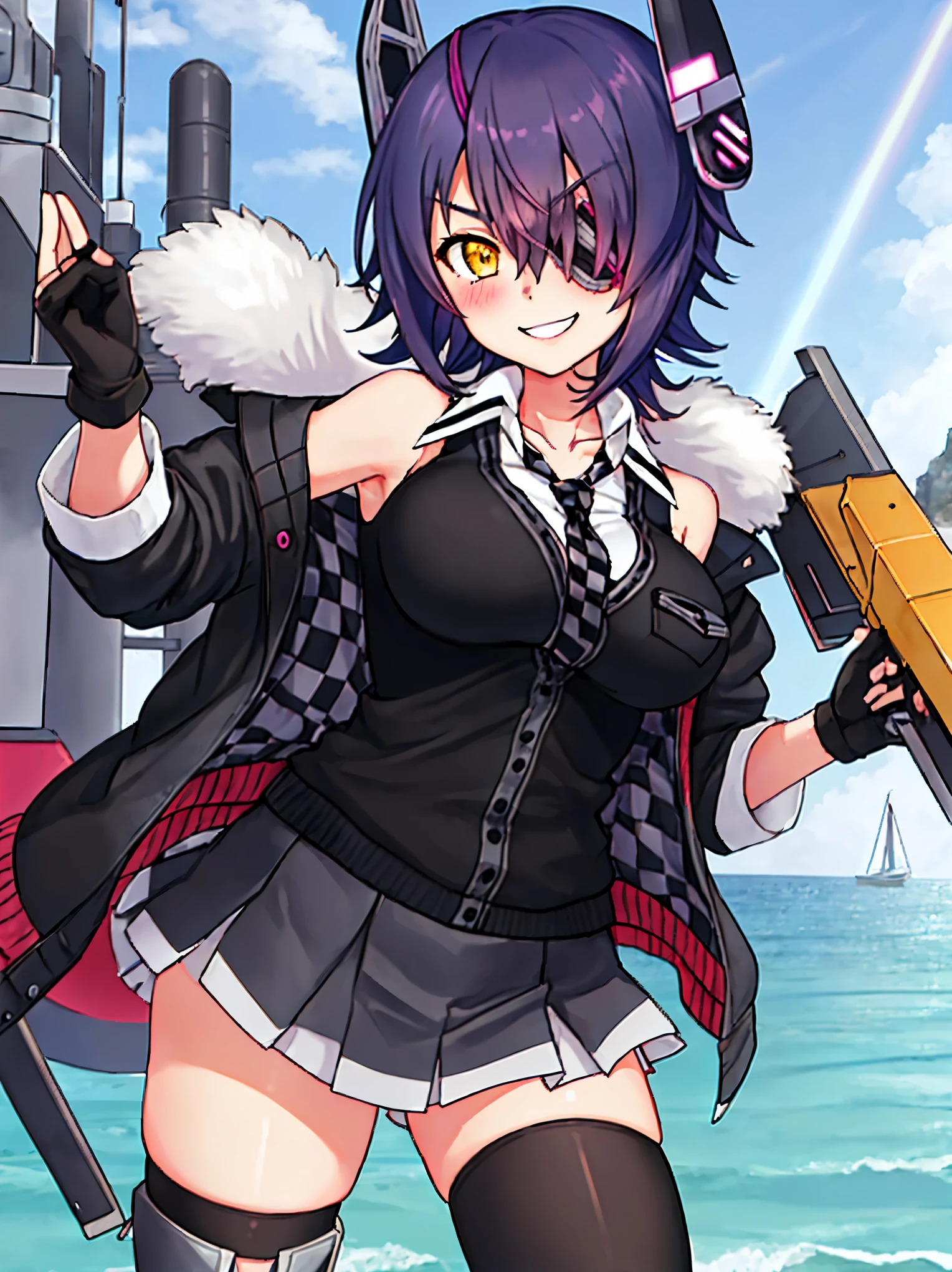 best quality, masterpiece, solo, {tenryuu_kantaicollection:1.15}, _girl, eyepatch, short_hair, purple_hair, yellow_eyes, headgear, breasts, necktie, large_breasts, smile, 1girl, blush, checkered_necktie, hair_over_one_eye, shirt, collared_shirt, white_shirt, jacket, sleeveless, brown_eyes, fur-trimmed_jacket, fur_trim, collarbone, looking_at_viewer, pocket, breast_pocket, ,, messy_hair, black_gloves, gloves, partially_fingerless_gloves,harbor_road_landscape_background,outdoor,short_skirt,thigh-highs,boots,sunlight,from_below,solo