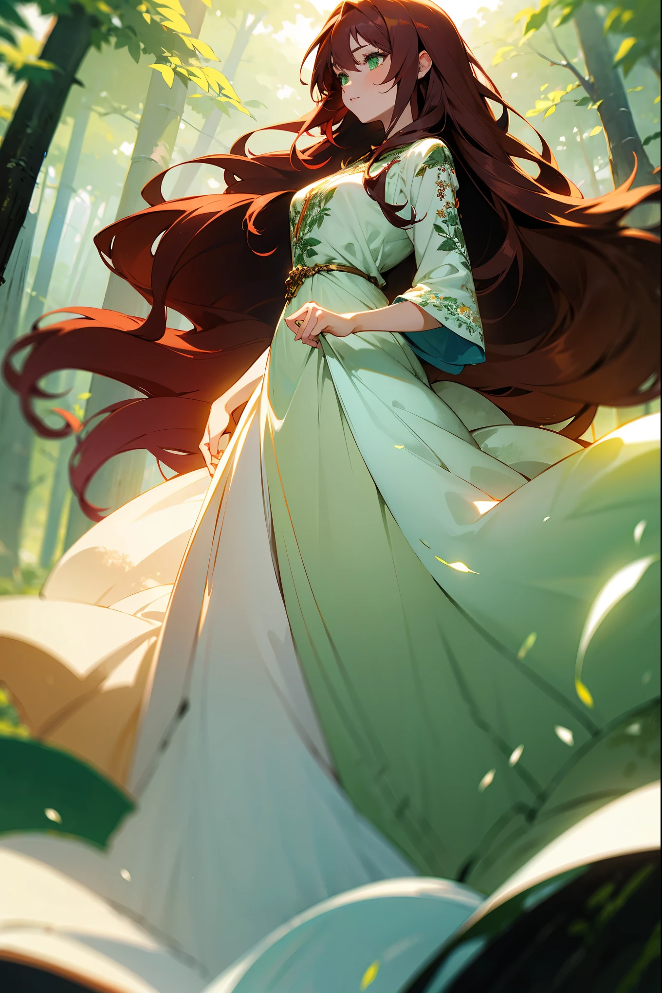 1female, long auburn hair, green eyes, wearing a flowing white dress with floral embroidery, standing in a glowing forest with ethereal light, standing on path