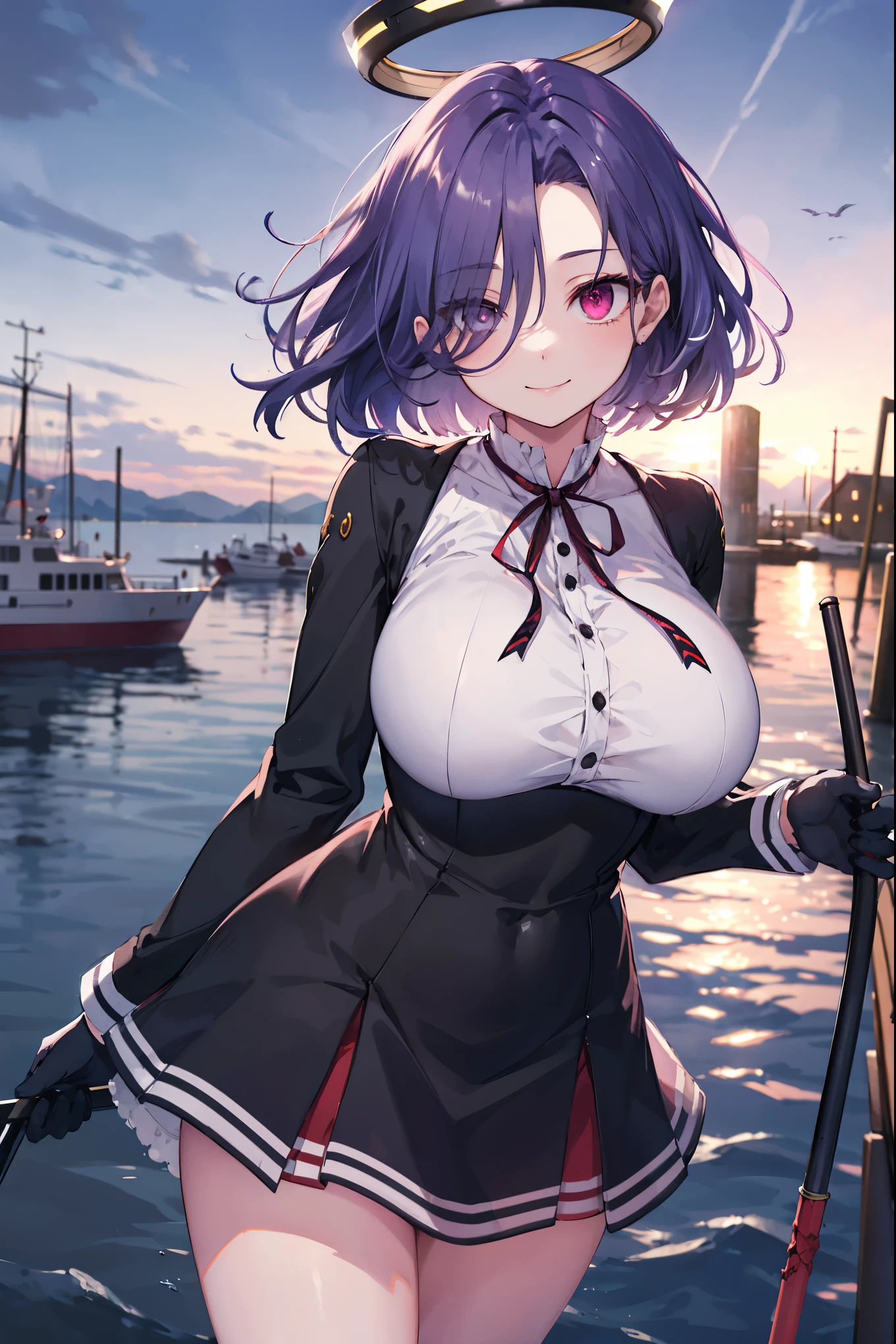 masterpiece, best quality, highres, mechanical halo, (gigantic_breasts:1.2), black dress, neck ribbon, long sleeves, black gloves, outdoors, cowboy shot, standing, holding weapon, polearm,smile,,harbor_town_landscape,purple_halfeyes,(scornful eye:1.4)