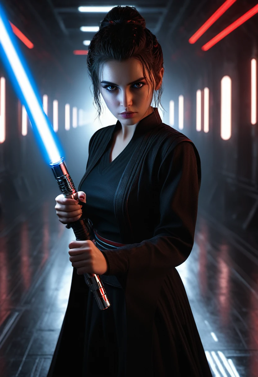 ultra wide angle, in focus, dark epic background, gorgeous lifelike, dynamic pose, a young lady, (highly detailed face and eyes:1.3), arrogant expression, holding red lightsaber in his hand, medium shot, hyper details, lighting art, cinematic, insane details, intricate details, hyperdetailed, goth, fractal, dark shot, big , full body