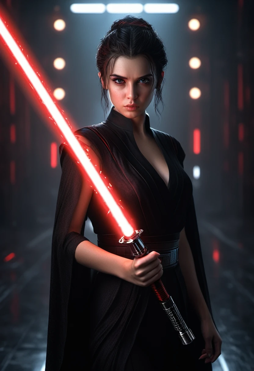 ultra wide angle, in focus, dark epic background, gorgeous lifelike, dynamic pose, a young lady, (highly detailed face and eyes:1.3), arrogant expression, holding red lightsaber in his hand, medium shot, hyper details, lighting art, cinematic, insane details, intricate details, hyperdetailed, goth, fractal, dark shot, big , full body