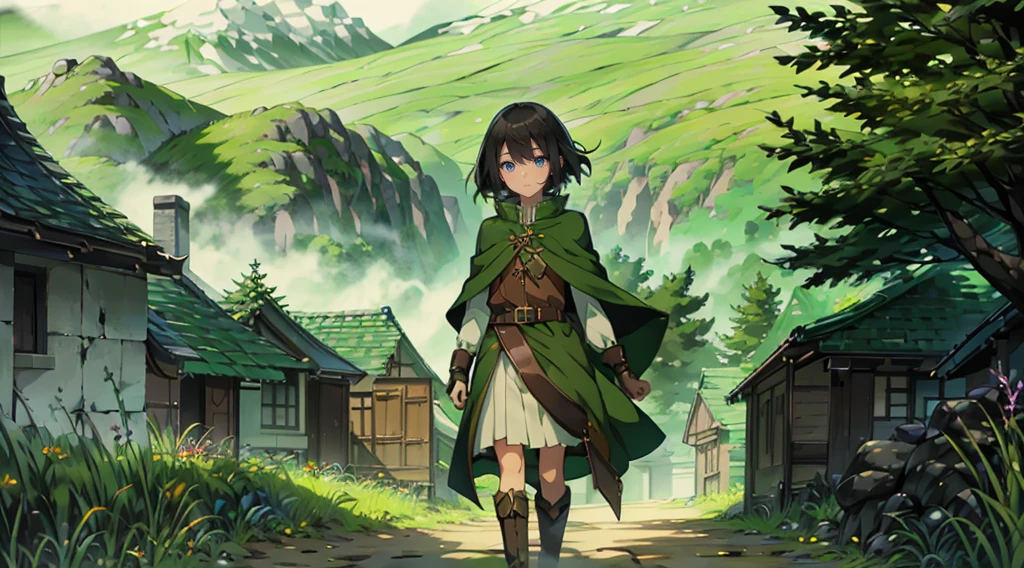 yuichiro hyakuya girl, (WithoutFear:1), 1 girl, black hair, green eyes, brown coat, gray armor, elves, sylvan, green shield, green cloak, dark brown gloves, forest, white fur trim, anime, standing, good quality, portrait, looking at viewer