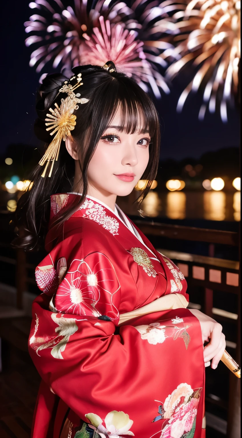 ((masterpiece(:1.4)，Highest quality，Ultra-high resolution，Highest quality，8k，Extremely detailed，In detail))。night，Fireworks display，Japanese，A beautiful woman，Big Breasts，Flashy gal makeup，Oiran，Long-sleeved kimono，Hair tying，hairpin，hair ornaments，geta，Gorgeous and luxurious，(Fireworks displayのnightに河川敷で花火を背景にしたスナップ写真)，Hyper Quality