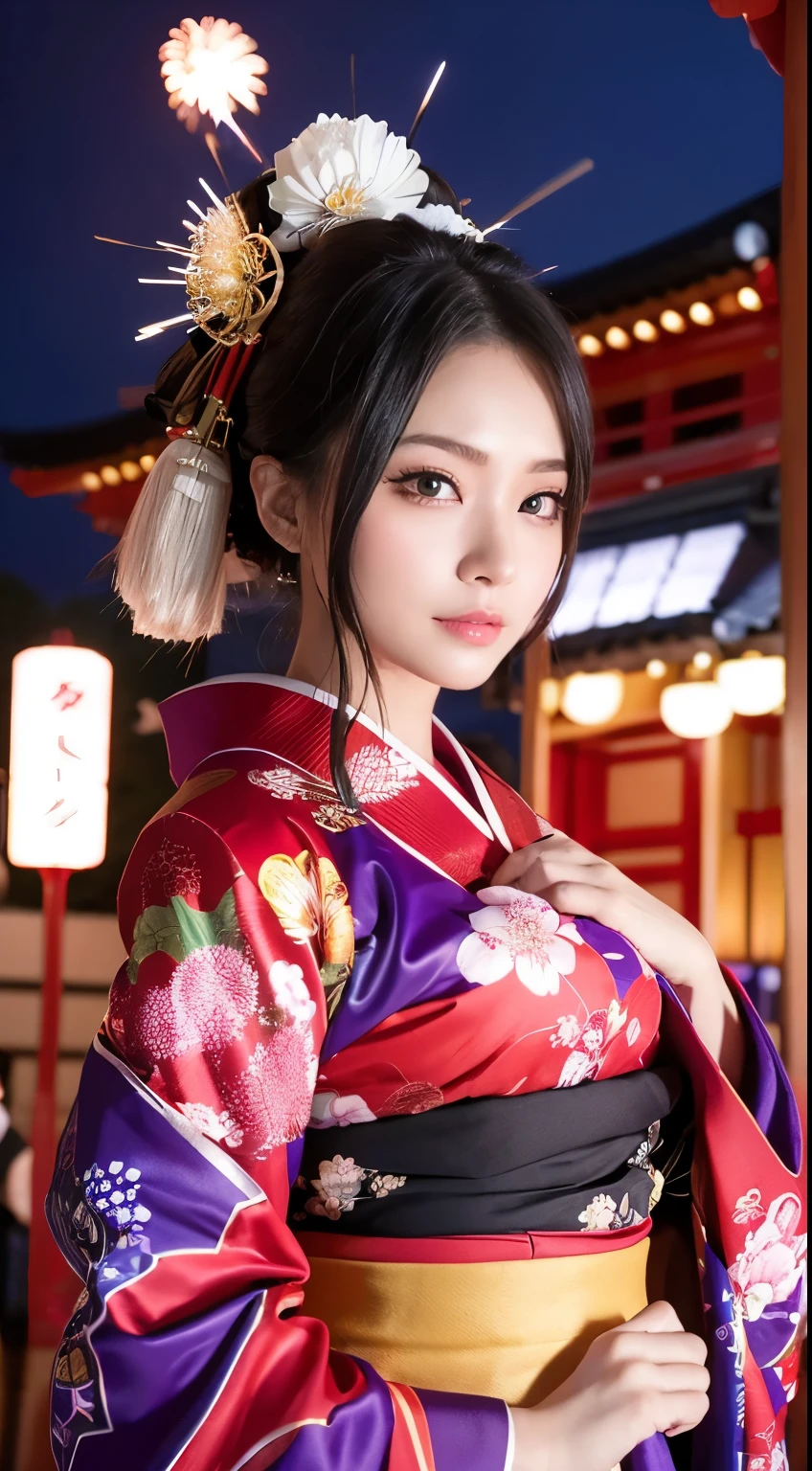 ((masterpiece(:1.4),Highest quality,Ultra-high resolution,Highest quality,8k,Extremely detailed,In detail))。night,Fireworks display,Japanese,A beautiful woman,Big Breasts,Flashy gal makeup,Oiran,Long-sleeved kimono,Hair tying,hairpin,hair ornaments,geta,Gorgeous and luxurious,(Fireworks displayのnightに河川敷で花火を背景にしたスナップ写真),Hyper Quality