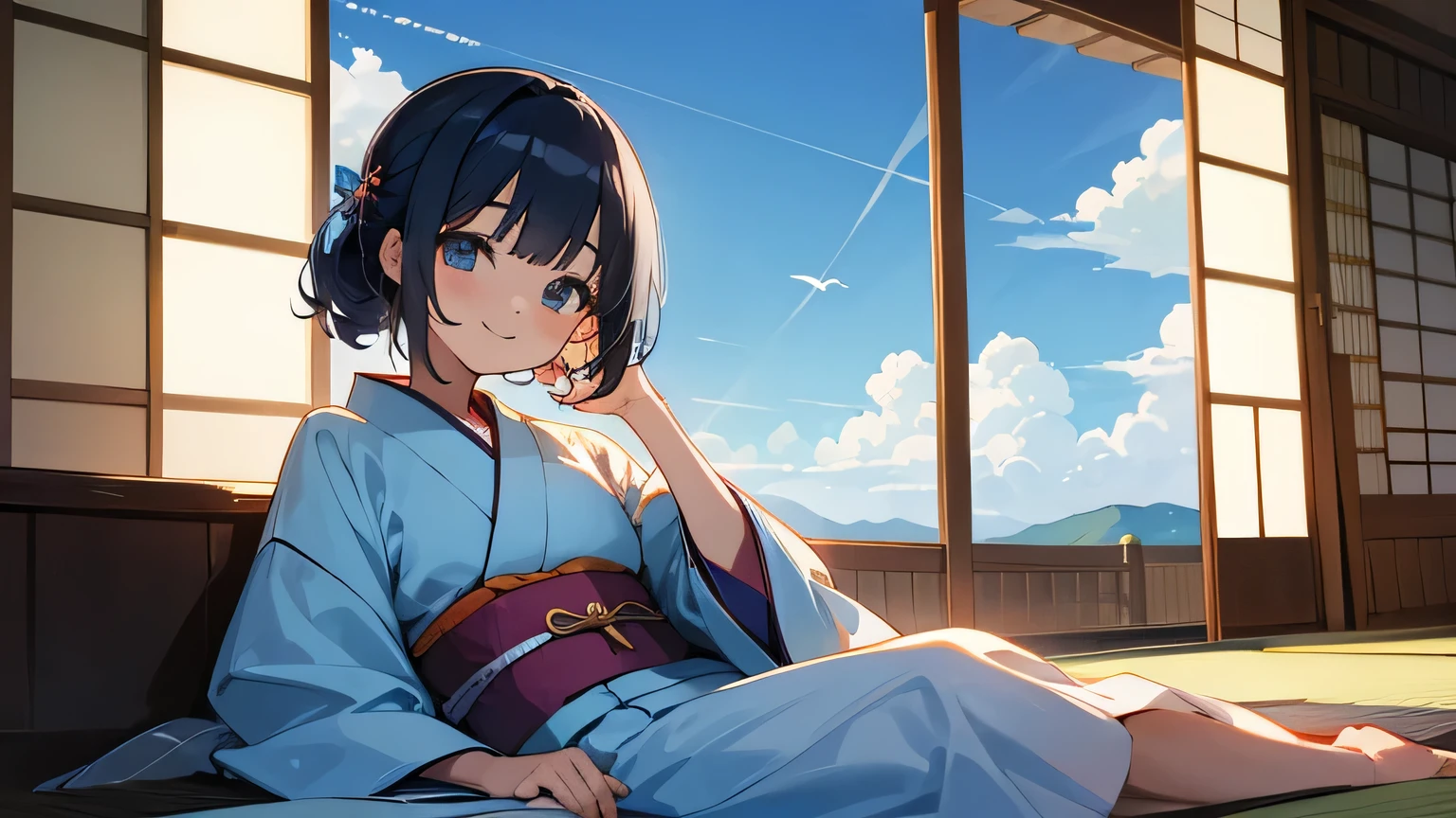 summer, blue sky, window,kimono, smile, Japanese Girl , relax in the room