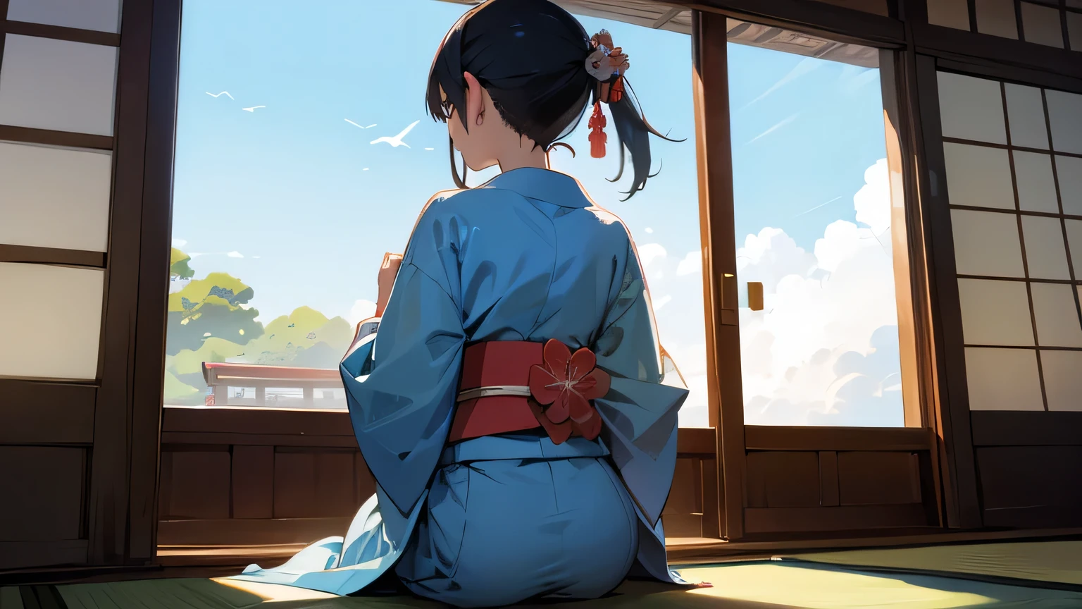 summer, blue sky, window,kimono, Japanese Girl ,back view, relax in the room