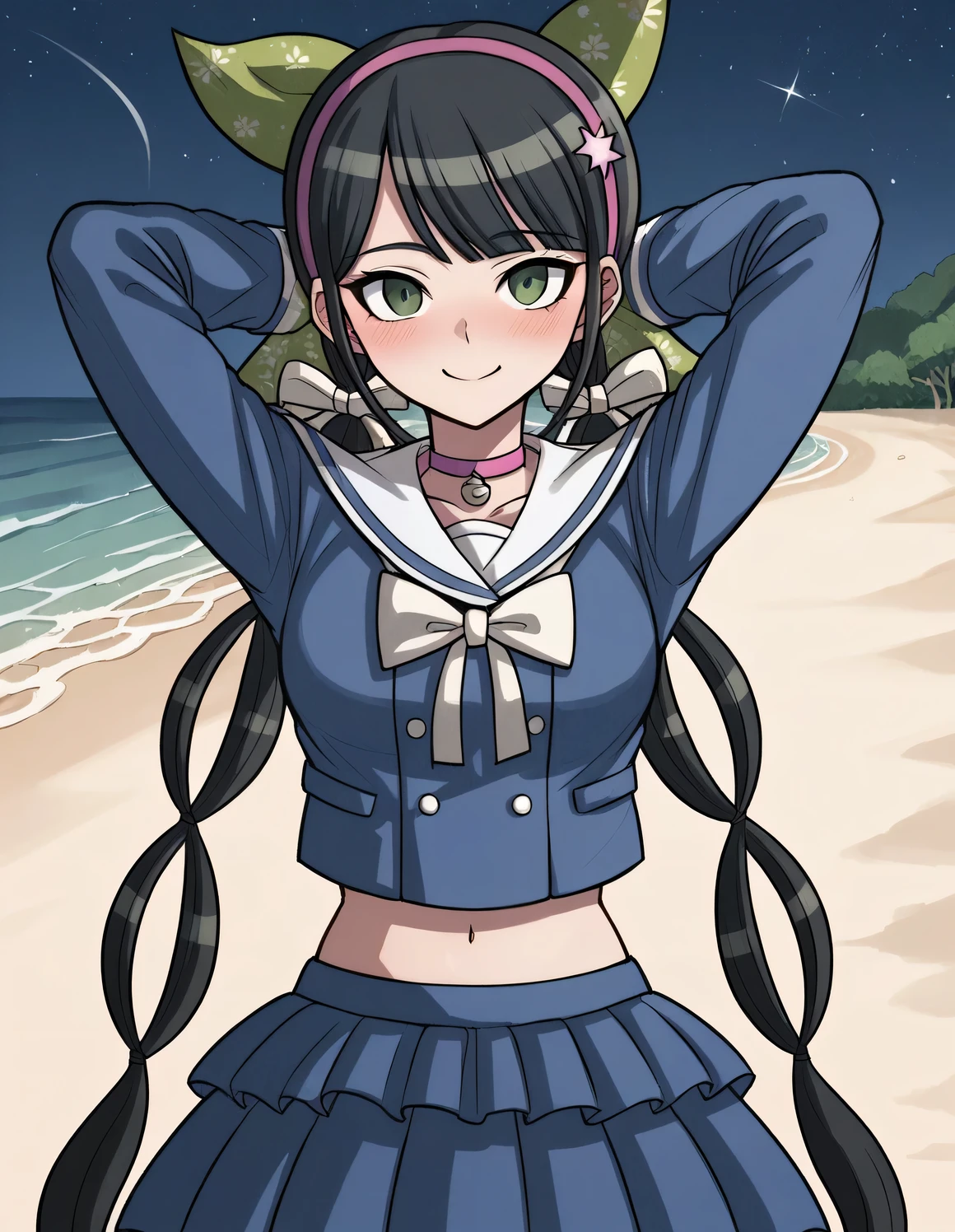 chabashira tenko, black hair, low twintails, long twintails, green eyes, hair bow, green bow, pink hairband, tall,
school uniform, blue shirt, serafuku, bowtie, long sleeves, midriff, blue skirt,
pink choker, neck bell, solo, 1girl, high quality, closed mouth, looking at viewer, smile, showing armpit, looking at viewer, solo, contrapposto, spread armpit, arms behind head, smile, looking at viewer, cowboy shot, closed mouth, night sky, beach, best quality, blushing