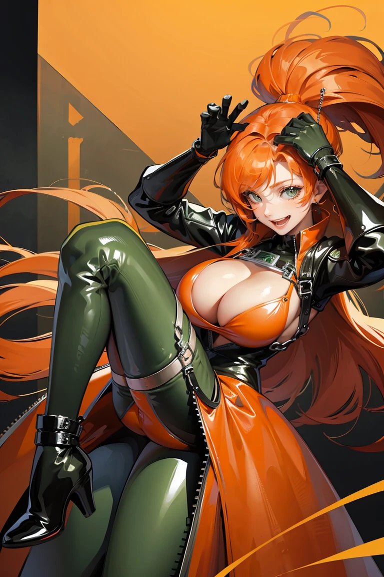 long orange hair, green eyes, large cleavage, holding keys, holding chastity cage, latex clothes, laughing, keys in hand, lock