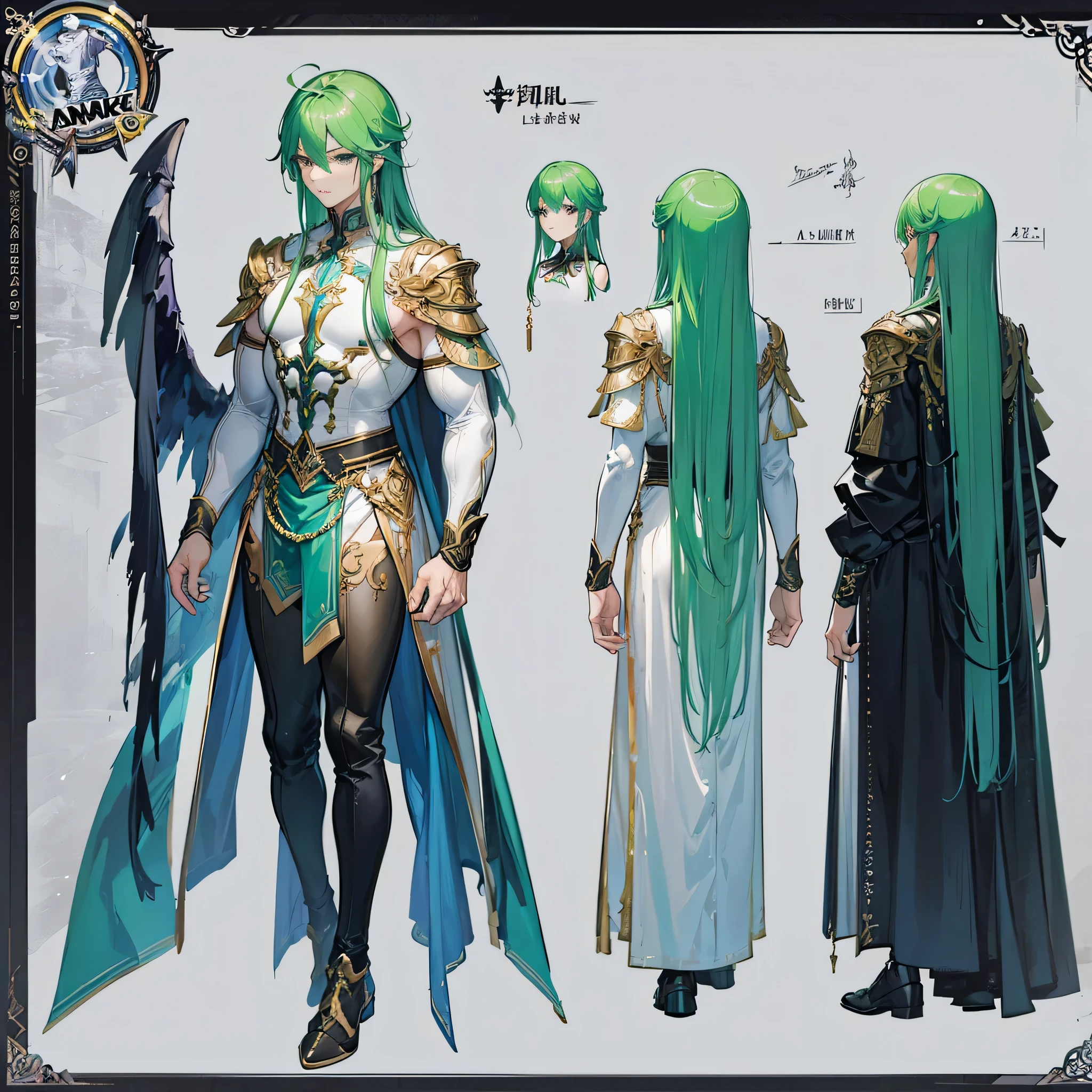 (Masterpiece, best quality), detailed, 1 man, ((character concept art)), ((character design sheet, same character, front, side, back)), full body, body complete, 1 Male angel, 1 Man angel, Detailed face, character design sheet，full bodyesbian, Highly detailed, character sheet, character design, Many parts, dark skin, angel wings, long green hair, angel outfit, muscle male god, male clothes, masculine, muscle man, male muscle, manly, male angel, Muscle male with long green, hair，beautiful man, beautiful muscle man