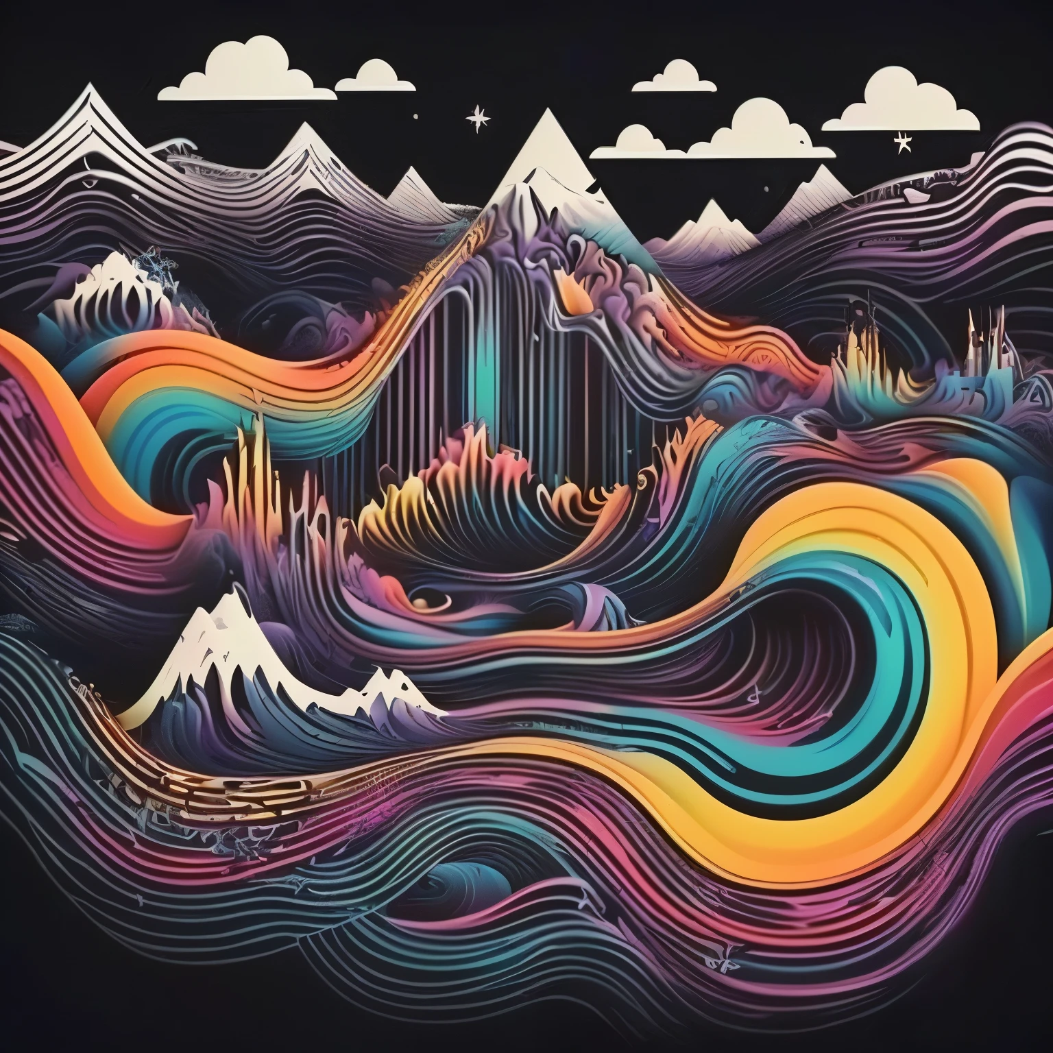 a black shirt with a mountain and waves in the background, surreal psychedelic design, lsd waves, psychedelic illustration, psychedelic landscape, : psychedelic ski resort, psychedelic waves, infinite psychedelic waves, intricate digital artwork, elaborate digital art, psychedelic ski resort, psychedelic art style, dmt waves, intricate psychedelic patterns, intricate 3 d illustration, intricate digital painting, colorful illustration