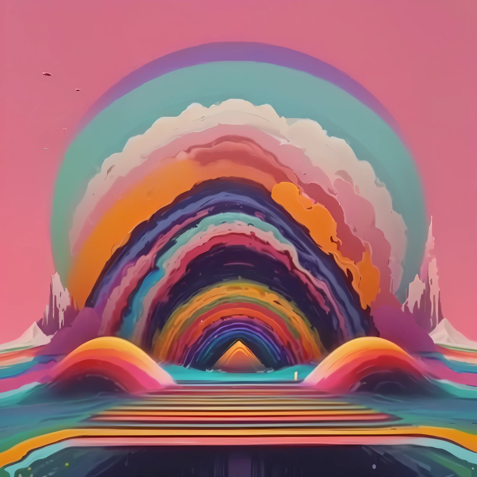 a colorful abstract painting of a mountain with a rainbow colored sky, surreal psychedelic design, beeple |, beeple daily art, realism | beeple, style hybrid mix of beeple, beeple colors, beeple. hyperrealism, futuristic but colorful shading, beeple art, beeple artwork, beeple!!
