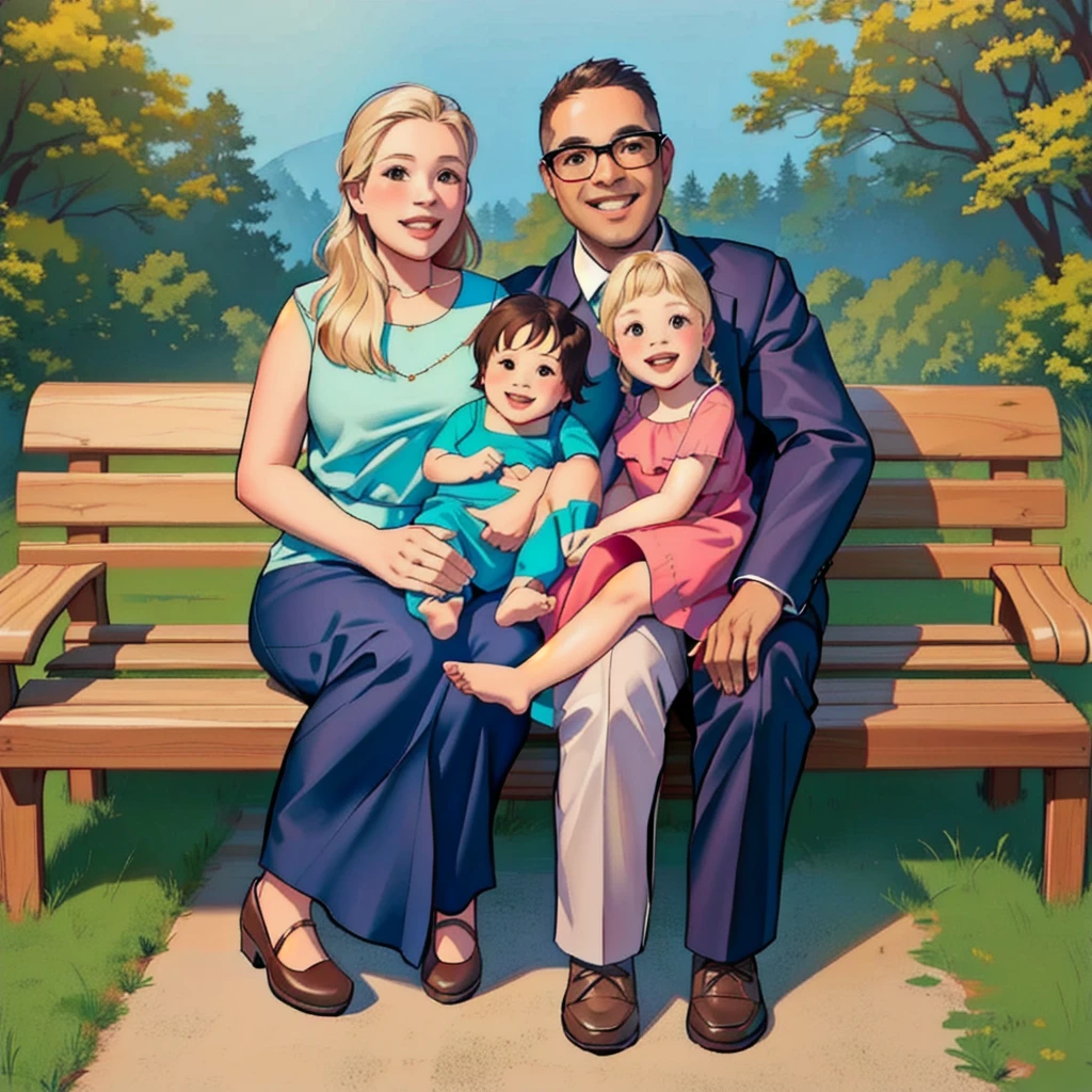 family sitting in a bench, forest background, cute, 4 members, 1baby, 1kid, couple, women wears a cute outfit, smile, man wears glasses and a elegant outfit,