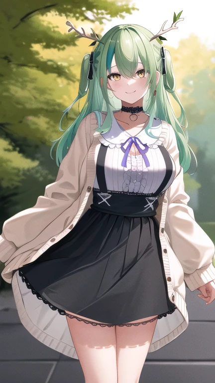 masterpiece, best quality, highres, hmcf, long hair, antlers, branch, two side up, hair ribbon, braid, yellow eyes, large breasts, jewelry, black choker, frills, white shirt, long sleeves, white cardigan, open cardigan, suspender skirt, black skirt, white socks, cowboy shot, standing, street, smile