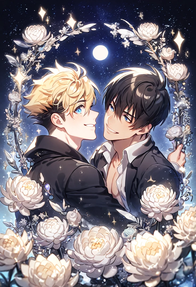 absurdres, highres, ultra detailed, HDR, master piece, best quality, extremely detailed, Nicholas D Wolfwood, black hair, expressive gray eyes, Trigun, Vash Stampede, blonde hair, expressive blue eyes, two sexy men together, yaoi, gay couple, handsome, smile, black jacket, black coat, fantasy, sparkling, silver glittering fireflies, silver moon, silver blossoms, silver chrysanthemums, silver sparkling lights, starry sky, magical