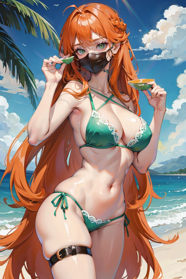 long orange hair, green eyes, large cleavage, sexy, bikini, curvy, rear view