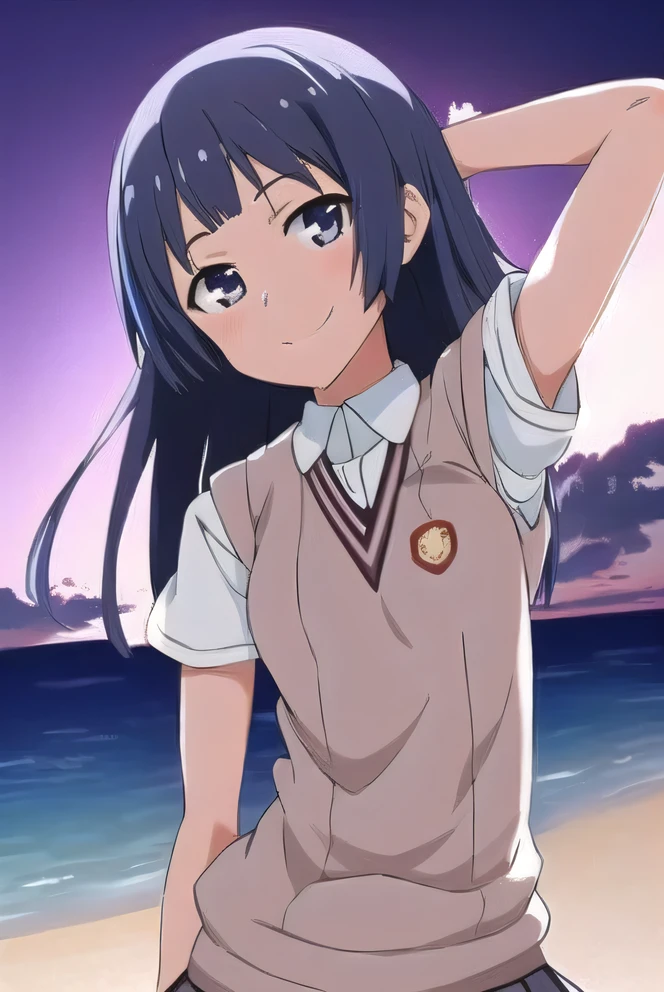 awatsuki maaya, source anime, blue hair, long hair, chopped short bangs, blue eyes, medium breasts, tokiwadai school uniform, white short sleeve shirt, light yellow sweater vest, grey pleated miniskirt, white socks, shoes, solo, 1girl, high quality, closed mouth, looking at viewer, smile, showing armpit, looking at viewer, solo, contrapposto, spread armpit, arms behind head, smile, looking at viewer, cowboy shot, closed mouth, night sky, beach, best quality, blushing