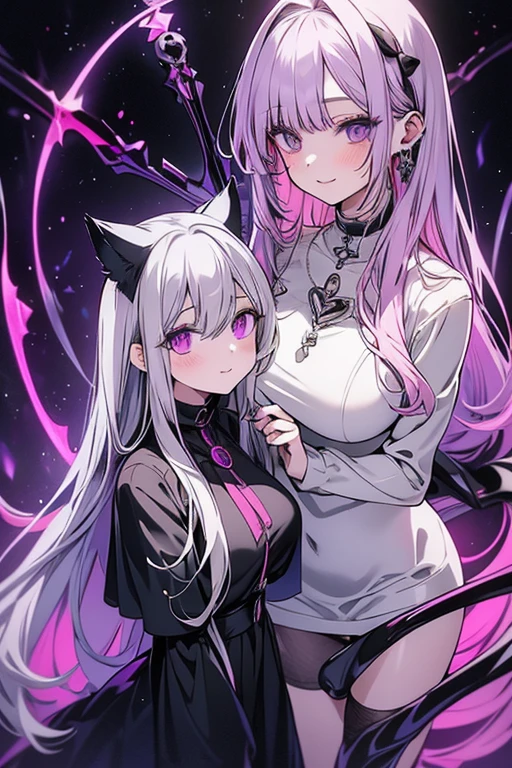 Two women. Perfect faces. Perfect hands. A young silver haired woman with violet eyes and silver cat ears and a silver cat tail in a Gothic sweatshirt dress is swing scythes with a pink haired woman with violet eyes and an hourglass figure in a cemetery with big smiles