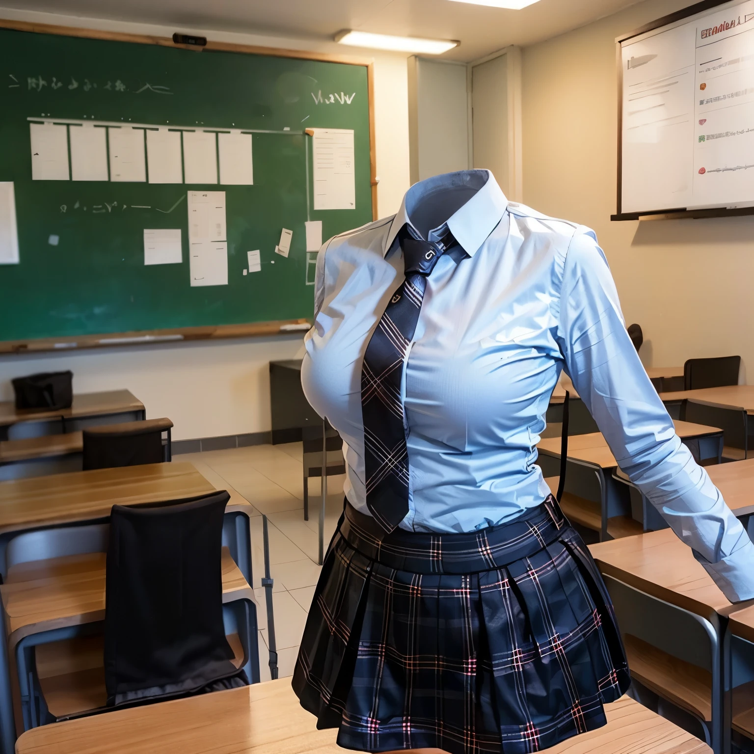 dynamic angle, school blazer, plaid skirt, stripe tie, fat, cute big breasts, (invisible, no human, headless, handless:1.5), in classroom