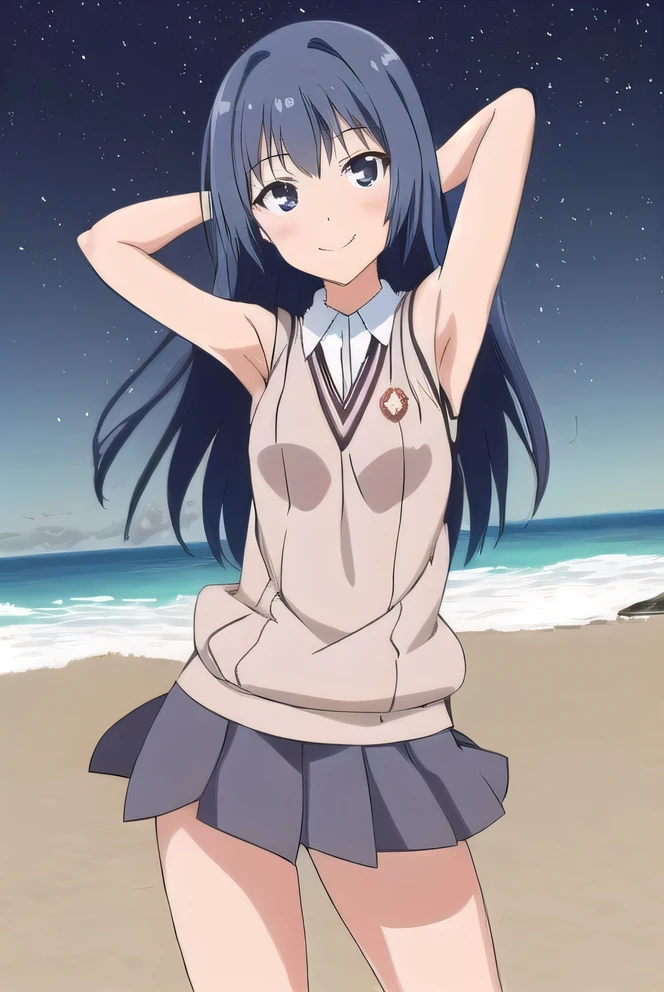 awatsuki maaya, source anime, blue hair, long hair, chopped short bangs, blue eyes, medium breasts, tokiwadai school uniform, white short sleeve shirt, light yellow sweater vest, grey pleated miniskirt, white socks, shoes, solo, 1girl, high quality, closed mouth, looking at viewer, smile, showing armpit, looking at viewer, solo, contrapposto, spread armpit, arms behind head, smile, looking at viewer, cowboy shot, closed mouth, night sky, beach, best quality, blushing