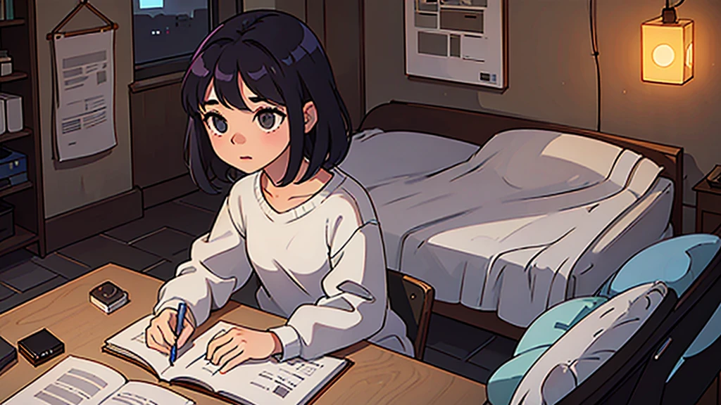 night、Small light、Inside the room、A girl is sitting and studying while listening to music