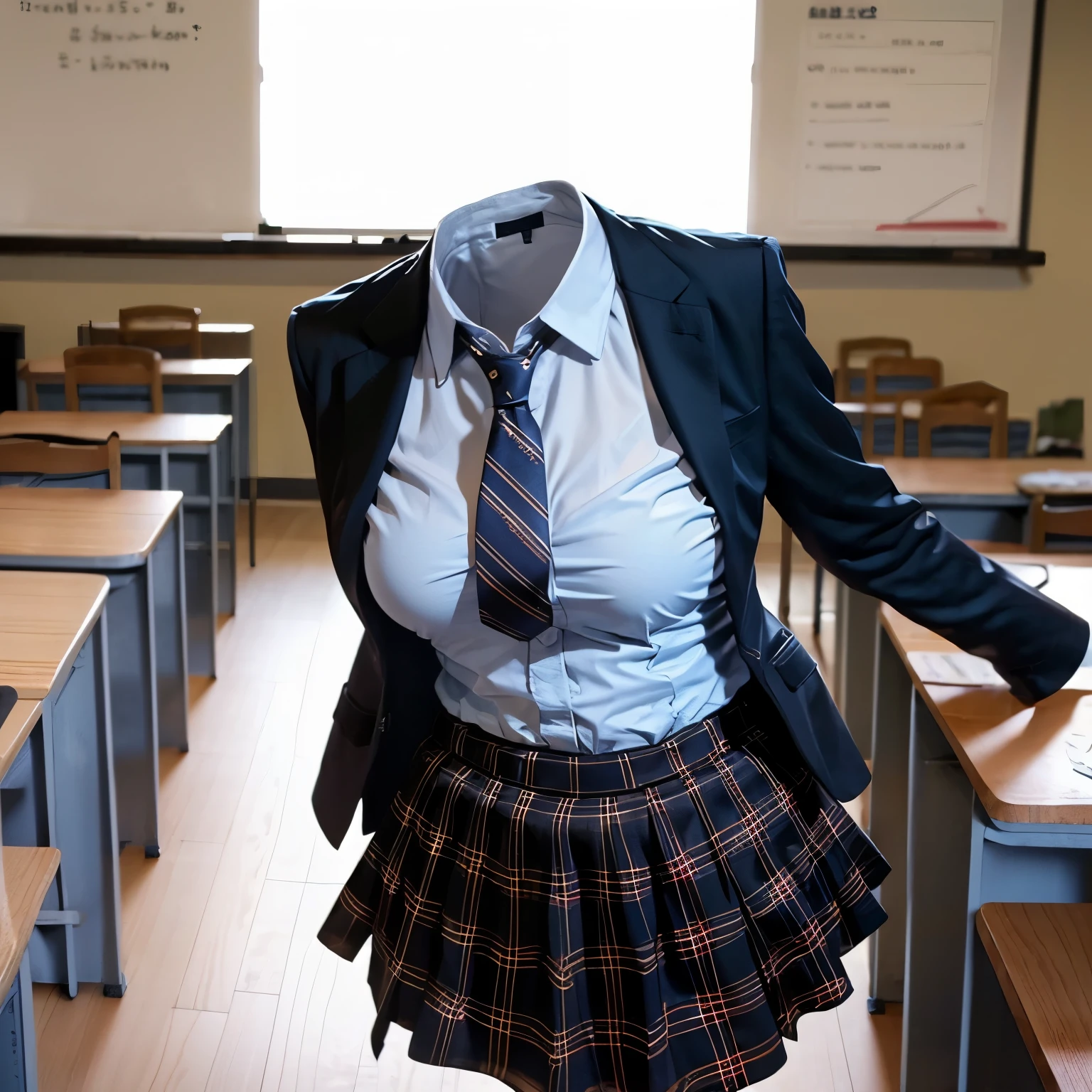 dynamic angle, school blazer, plaid skirt, stripe tie, fat, cute big breasts, (invisible, no human, headless, handless:1.5), in classroom