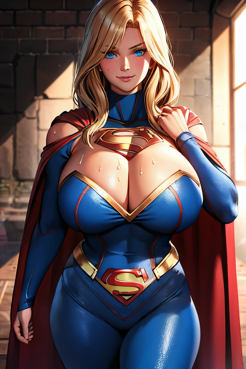 nfsw,masterpiece,Supergirl ,SuperGirl tight uniform ,best quality,cape ,cleavage cutout, long sleeves, gigantic breasts,muscle,in dungeon, looking at viewer, cowboy shot,golden hair, seductive smile, curvy, blue eyes,a female tyrant with a penchant for torture,fog,drenched in sweat,pink cheeks,shiny suit,Bare shoulder,tight suit,her hand was stroking her cock