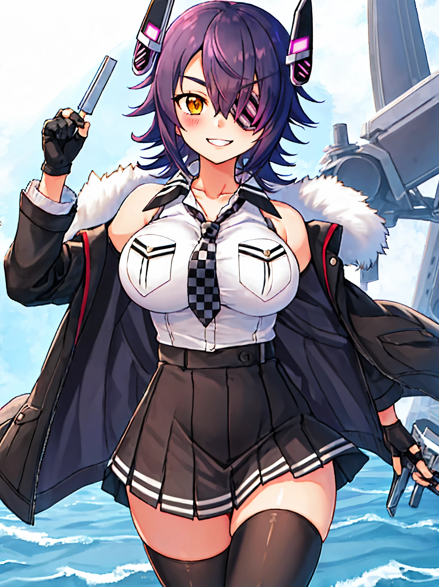 best quality, masterpiece, solo, {tenryuu_kantaicollection:1.15}, teen_girl, eyepatch, short_hair, purple_hair, yellow_eyes, headgear, breasts, necktie, large_breasts, smile, 1girl, blush, checkered_necktie, hair_over_one_eye, shirt, collared_shirt, white_shirt, jacket, sleeveless, brown_eyes, fur-trimmed_jacket, fur_trim, collarbone, looking_at_viewer, pocket, breast_pocket, ,, messy_hair, black_gloves, gloves, partially_fingerless_gloves,harbor_road_landscape_background,outdoor,short_skirt,thigh-highs,boots,sunlight,from_below,solo