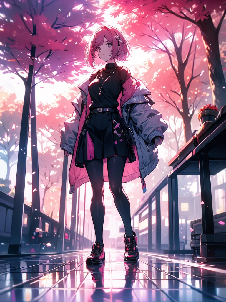 work of art, best qualityer, ultra detali, illustration, wide angle, 1 girl standing in the middle of the road, standing alone, road in the middle and pink cherry trees on the side of the road, Farbepo todo, the 20s, pink hair, sweater, skirt short, lo fashion,, Composition, balance, harmony, pacing, Farbe, Lumiere, ombre, reflection, refraction, tom, sharp contrast, foreground, middle ground, fund, naturalist, Figurative, representative.