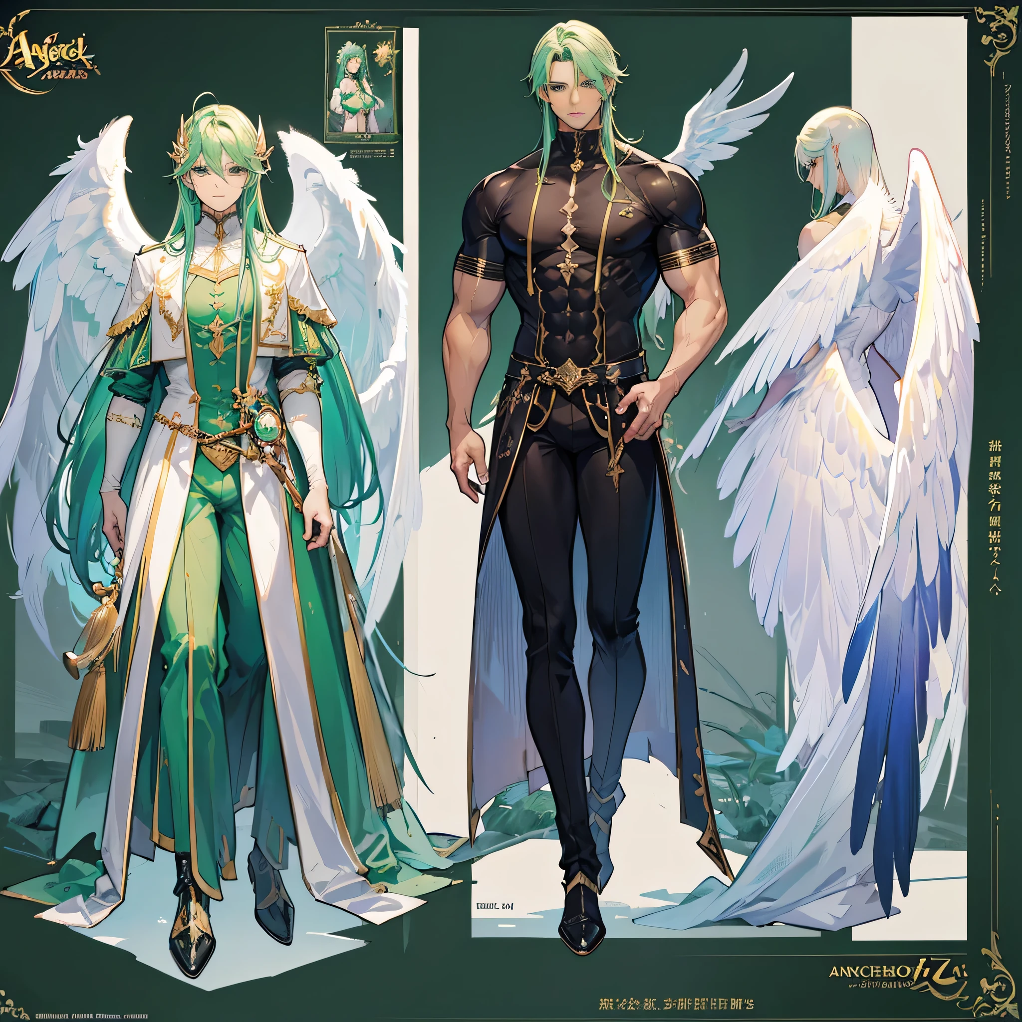 (Masterpiece, best quality), detailed, 1 man, ((character concept art)), ((character design sheet, same character, front, side, back)), full body, body complete, 1 Male angel, 1 Man angel, Detailed face, character design sheet,full bodyesbian, Highly detailed, character sheet, character design, Many parts, dark skin, angel wings, long green hair, angel outfit, muscle male god, male clothes, masculine, muscle man, male muscle, manly, male angel, Muscle male with long green, hair,beautiful man, beautiful muscle man
