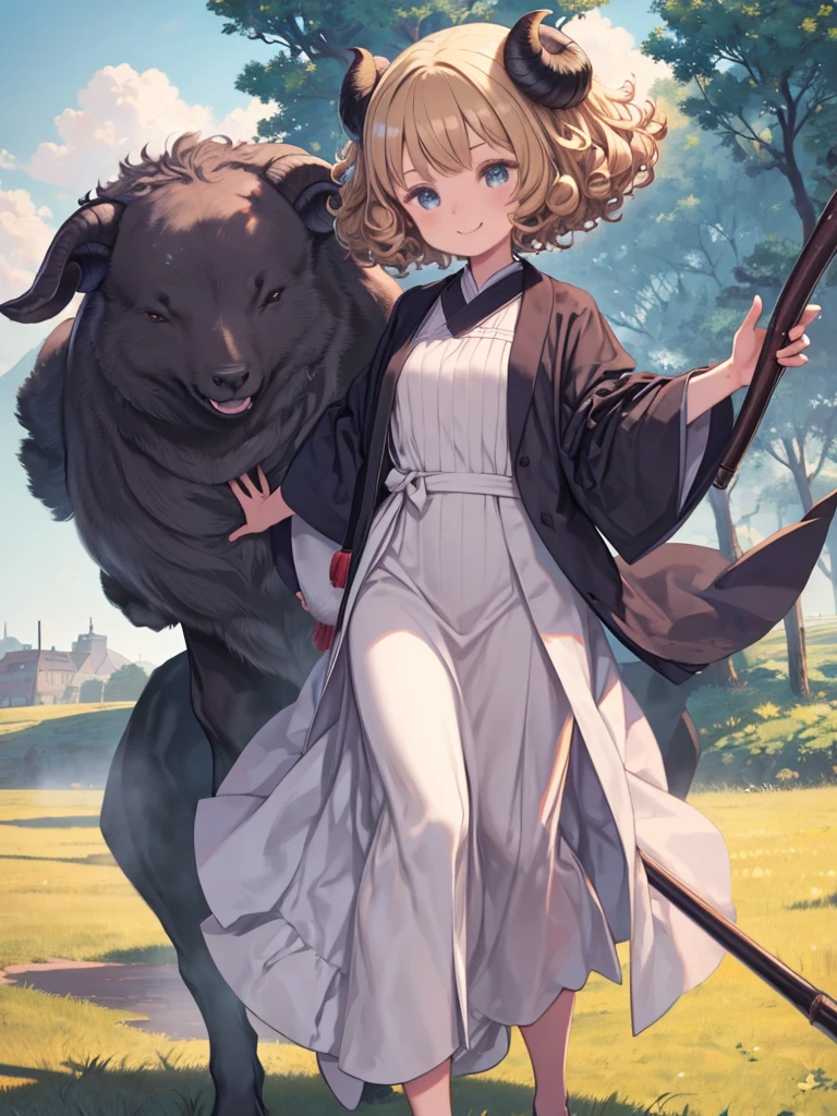 One Girl、With a black dog、Holding a walking stick、Dull blonde hair、short hair、Fluffy hair、Natural curls、Curly Hair、Bouncy hair、grassland、blue sky、street、Dirty brown robe、White shirt、Long skirt、Flock of sheep、smile、