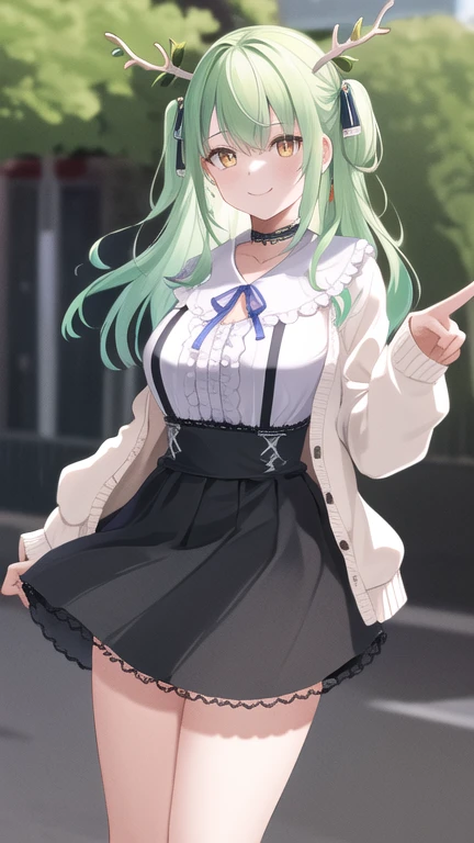 masterpiece, best quality, highres, hmcf, long hair, antlers, branch, two side up, hair ribbon, braid, yellow eyes, large breasts, jewelry, black choker, frills, white shirt, long sleeves, white cardigan, open cardigan, suspender skirt, black skirt, white socks, cowboy shot, standing, street, smile