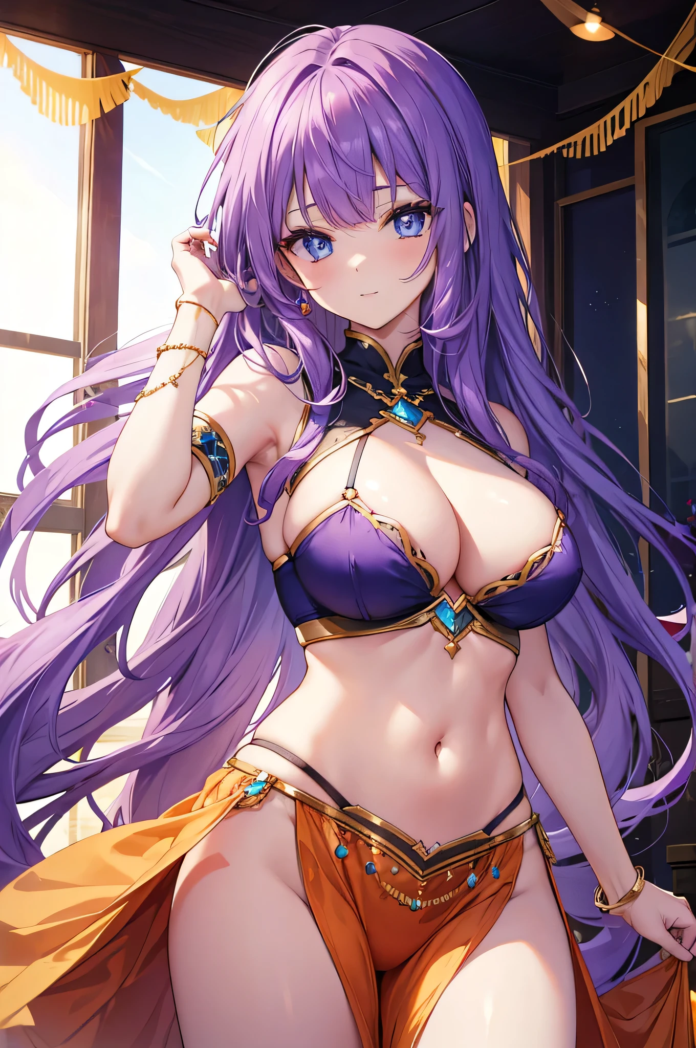 4K,High resolution,One Woman,Purple Hair,long hair,Blue Eyes,Big Breasts,Arabian Princess,Orange dancer&#39;s dress,Bejeweled costumes,Belly button,Princess Tiara,Arabian palaces