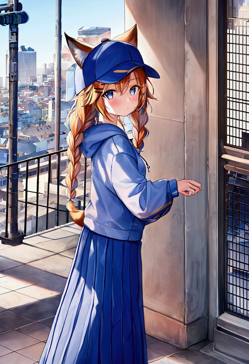 1 girl, adolescent, (animal ears), straight, Whole body, looking at the viewer, hair between the eyes, hair ornament, multicolor fur, twin braids, Fox tail, (multiple queues:1.3), insignia, hits, (blue baseball cap:1.2), clothing writing, White clothes, hood, hood down, standing, long sleeves, Closed mouth, (blue skirt:1.05), Alone, (light blush:0.9), bare tree, building, city, cityscape, day, outdoor, street, such (city), tree, in revealing clothing