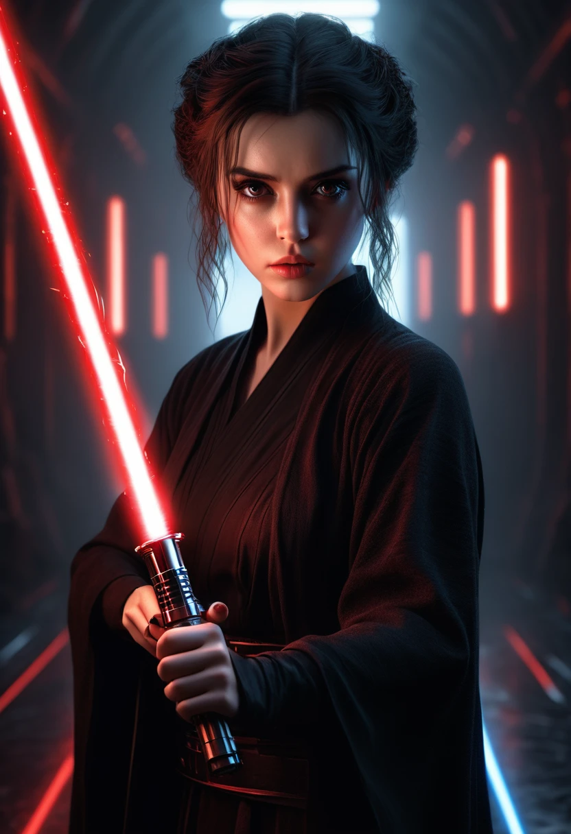 ultra wide angle, in focus, dark epic background, gorgeous lifelike, dynamic pose, a young lady, (highly detailed face and eyes:1.3), arrogant expression, holding red lightsaber in his hand, medium shot, hyper details, lighting art, cinematic, insane details, intricate details, hyperdetailed, goth, fractal, dark shot, big , jedi, full body