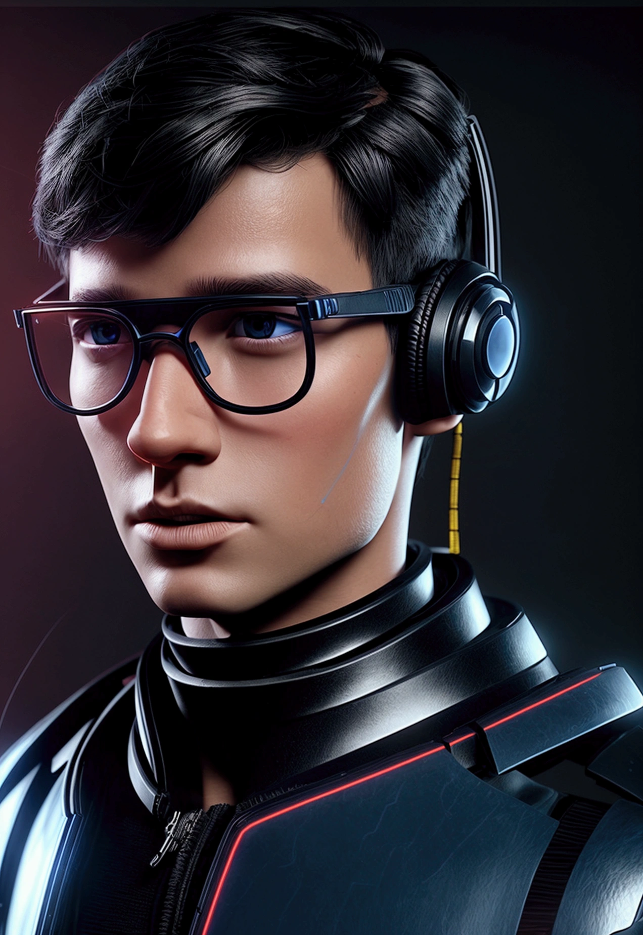 Create an avatar for YouTube that is a boy that resembles Artificial Intelligence, black hair, Eyeglasses, using futuristic neon headphones, modern microphone, realisitic, with the name "Sounding etc", 3D pixar style